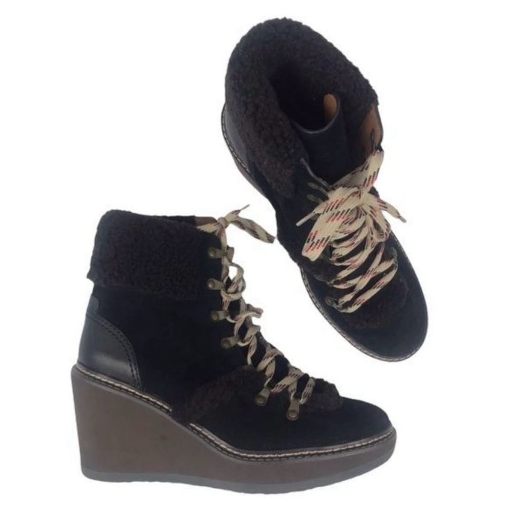 SEE BY CHLOE Shearling Wedge Bootie Designer Fur Sheepskin Nubuck Leather